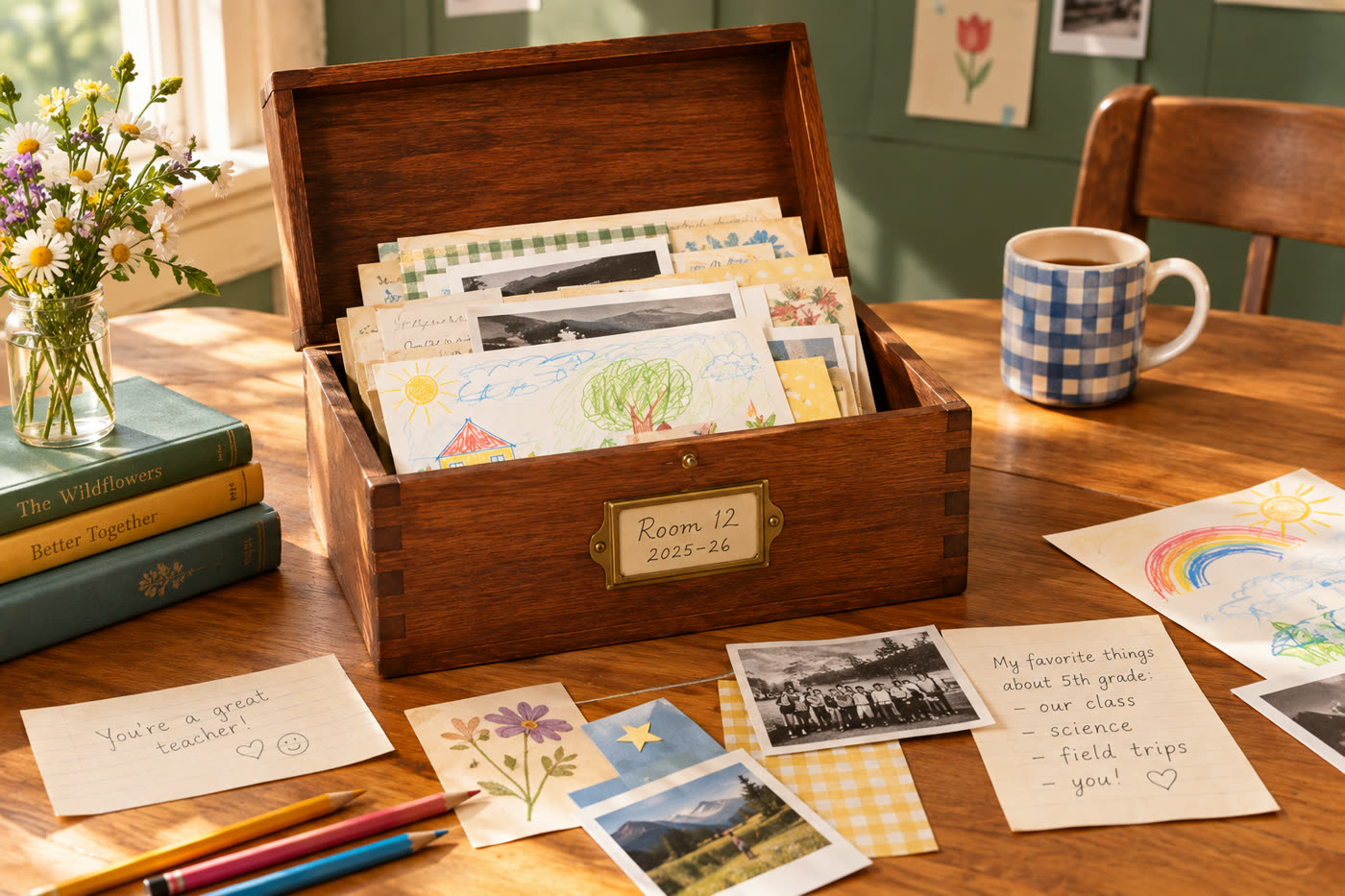 An open wooden keepsake box on a sunlit desk, filled with handwritten notes, cards, and children's drawings